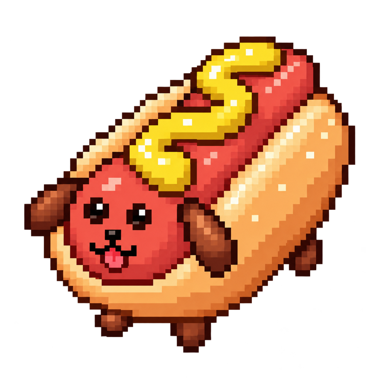ByteDog, a cheerful pixel art puppy in a golden hot dog bun with a yellow mustard squiggle